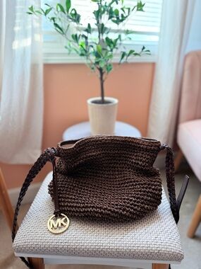 Michael Kors Brown Woven Shoulder Bag with Gold MK Charm